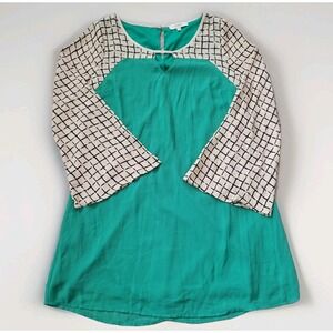 Umgee Boho Abstract Print Color Block Tunic Dress Kelly Emerald Green Size Small